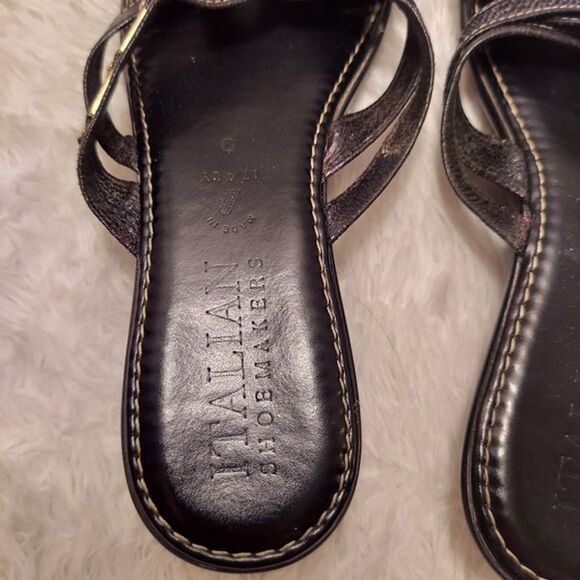 Womens Strappy Sandals Size 9 Made in Italy Black Leather Slip On 1.5" Wedge - Picture 5 of 12